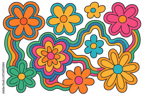 Groovy psychedelic flower power background. Hippie 70s retro floral banner. Abstract blossom with rainbow traces. Colorful blooms in vintage cartoon doodle line art style vector.
