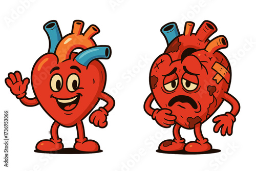 Healthy vs unhealthy heart character comparison. Happy strong and sad sick human organ. Medical anatomy concept for cardiology. Good and bad condition before and after vector.