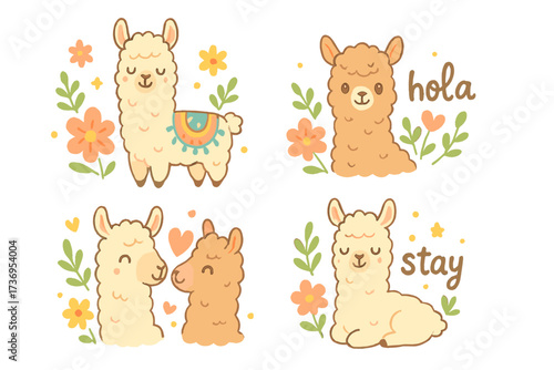 Llama alpaca cute animal character set. Collection of hand drawn vector illustrations. Kawaii design for nursery, kids poster, print, sticker. Baby shower greeting card element.