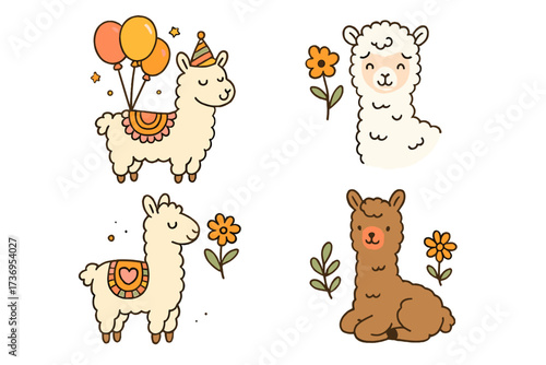 Cute llama and alpaca character collection. Hand-drawn vector illustrations for kids. Set of funny cartoon animals for nursery decor, baby shower, birthday cards, and posters.