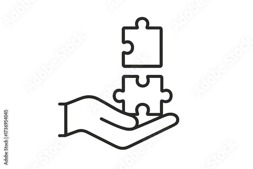 Hand holding puzzle piece, finding the solution. Jigsaw connection concept. Business strategy for success. Final piece for completion. Teamwork, partnership, and support icon.