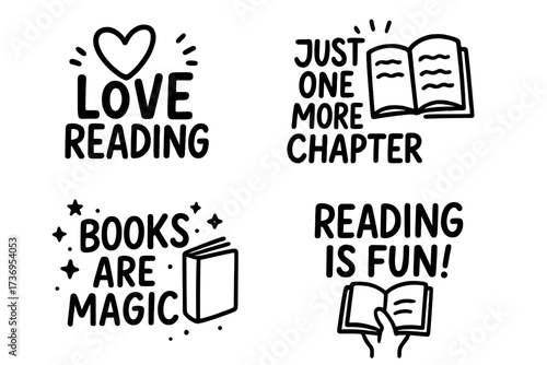 Reading lovers lettering quotes set. Collection of hand drawn motivational phrases like Books are magic or Just one more chapter. Vector typography for stickers or t-shirts.