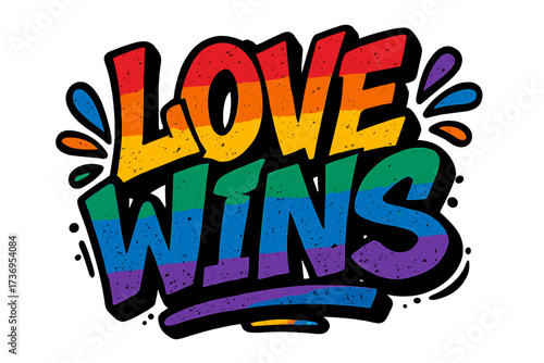 Love wins lettering in urban graffiti style. LGBT pride month quote with rainbow colors. Gay, lesbian, queer community support message. Vector typography for t-shirt print.