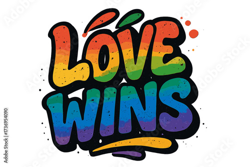Love wins lettering in urban graffiti style. Rainbow LGBTQ pride flag colors. Vector typography for t-shirt print. Gay rights, equality and freedom slogan. Street art design.