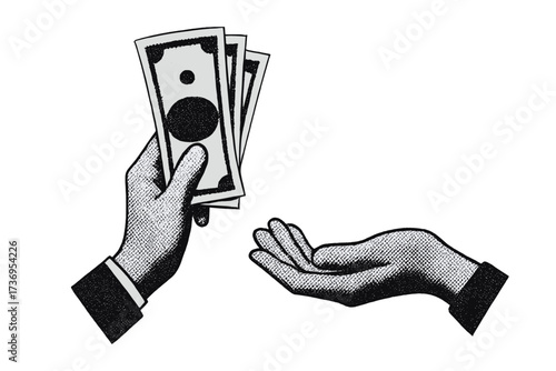 Hand giving money payment concept. Metaphor for salary, debt, bribe, donation or charity. Minimalist retro collage cutout with halftone dots. Financial transaction vector.