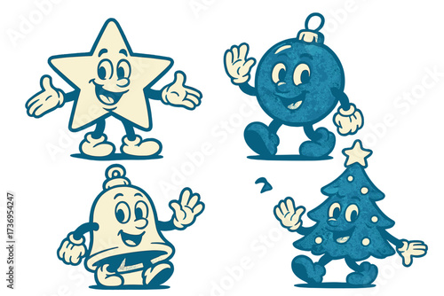 Retro Christmas characters set. Vintage 30s cartoon mascots. Duotone star, bauble, bell, tree. Groovy animation style vector illustration for festive holiday design.
