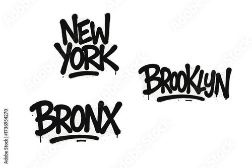 New York, Brooklyn, Bronx lettering set. Urban graffiti tag style typography. Hand written hip hop font with spray paint texture and drips. Street art vector design elements.