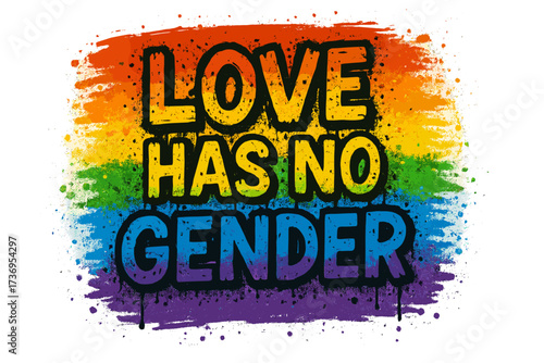 Love has no gender LGBT quote in grunge urban graffiti style. Abstract rainbow flag background. Vector street art typography for print. Multicolored flag design for pride month.