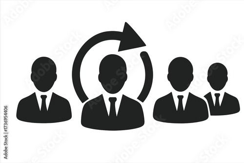 Job recruitment vector icon. Businessman person selection, leadership, and hiring concept. Human resources graphic for employee choice, team management, and staff replacement cycle.
