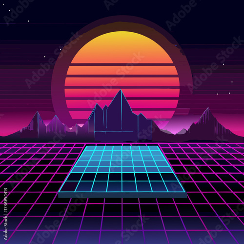 A glowing retro-futuristic interface with a neon grid and data display against a dark synthwave sunset. Perfect for tech, gaming, and music visuals targeting Millennials and Gen Z.