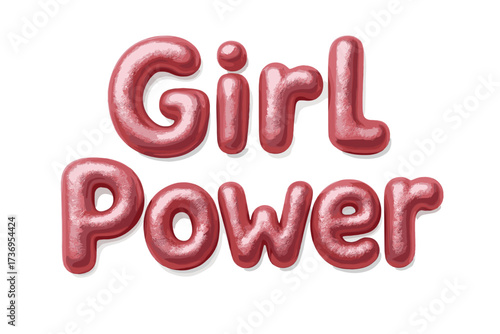 Girl power 3d text effect. Feminism quote for strong women. Female empowerment slogan. Cute pink plasticine bubble font. Girly metallic lettering on white background concept.
