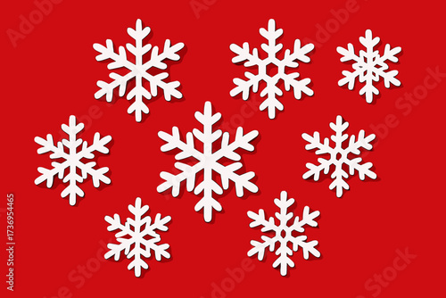 Christmas background paper cut snowflakes. White snow flakes set on red. Winter holiday vector. New Year's eve decoration. Festive design elements. Xmas season illustration.