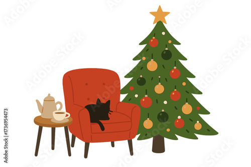 Cozy Christmas scene with a cat sleeping on a red armchair next to a decorated tree. Hygge winter holiday concept. Scandinavian style home interior with tea. Festive vector.