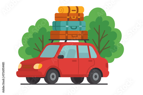 Red car with luggage on roof rack for summer family vacation road trip. Auto journey adventure concept. Flat vector illustration of vehicle with baggage traveling in nature.