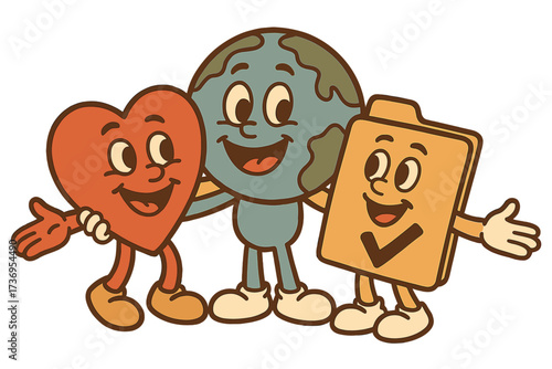 Retro cartoon characters hug. Heart, planet earth and approved document mascots. Friendship and love. Groovy 70s vector for World Health Day, ecology or success concepts.
