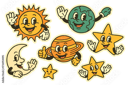 Retro cartoon space character mascot set. Sun, planet Earth, moon, stars with faces and hands. Funny vintage comic groovy 70s 80s sticker pack vector. Hand drawn illustration.