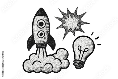 Startup success concept with rocket launch and light bulb idea. Halftone collage element for starting a new business. Modern creative vector symbol for growth and innovation.