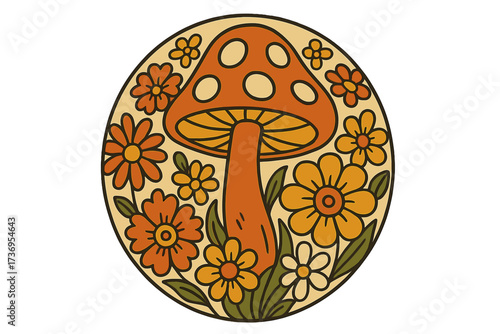 Groovy 1970s mushroom and flowers circle sticker. Psychedelic floral illustration. Hippie retro vector. Boho aesthetic print for t-shirt. Vintage 70s hippy drawing art.
