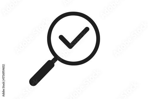 Magnifier with checkmark icon. Magnifying glass for search, analysis, inspection. Quality control, approved and verified concept. Vector graphic symbol of success and correct choice.