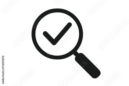 Magnifier with checkmark icon. Magnifying glass for inspection, analysis, and quality check. Vector graphic element for verified, approved, and search success concepts. Done.