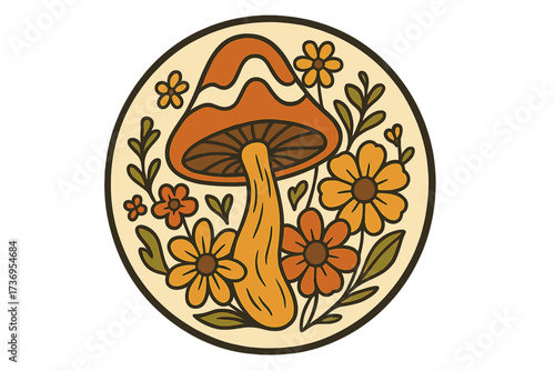 Groovy psychedelic mushroom and flowers in a round abstract floral sticker design. Vintage 1970s retro vector with boho aesthetic for posters or cards. Hippie graphic art.