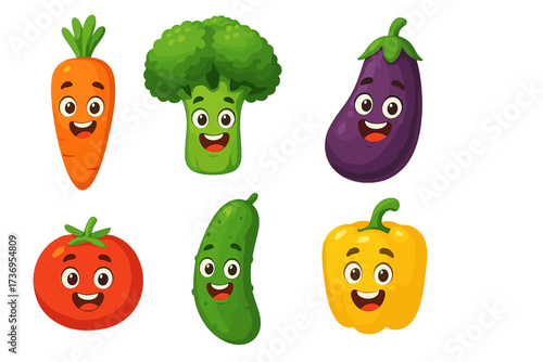 Set of funny cute vegetable characters with smiling faces, laughing vegetable mascots vector collection, happy emoticon vegetables with vitamins and healthy food concept