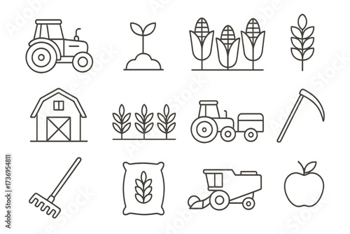 Farming and agriculture editable stroke line icon set. Includes tractor, barn, combine harvester, corn, wheat, rake, scythe. Vector outline symbols for farm concepts.