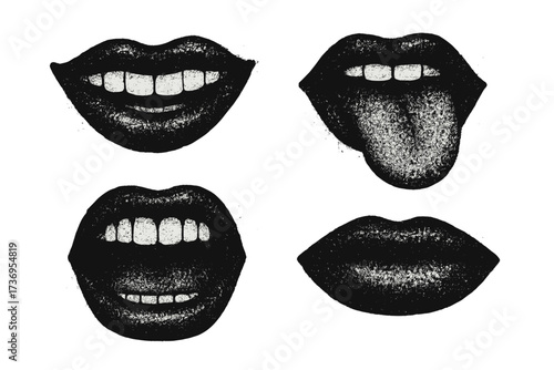 Retro 90s Y2K mouth set collage with grunge halftone elements. Vector lips collection with smile, tongue, open and closed mouth expressions. Punk rock pop art style illustration.