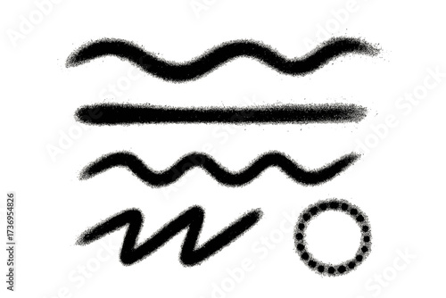 Set of grunge ink sprayed strokes with waves, lines, zigzags, and circle decoration elements. Urban graffiti style abstract textured vector shapes isolated for design projects