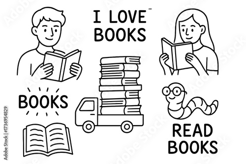 Hand-drawn books doodle collection with male and female readers, book stack on a truck, cute bookworm wearing glasses, and inspirational reading quotes in linear style