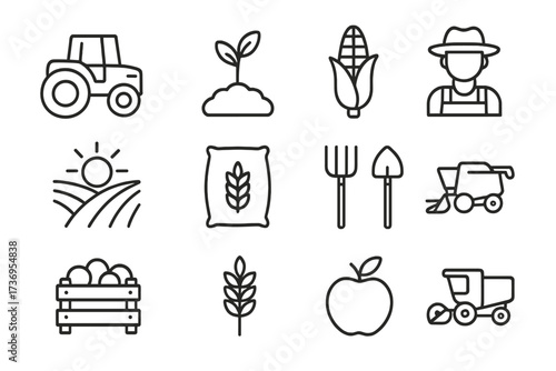 Agriculture and farming line icon set. Collection of thin icons with tractor, plantation, harvest, farmer, crop, food, and field symbols. Editable stroke vector for web.
