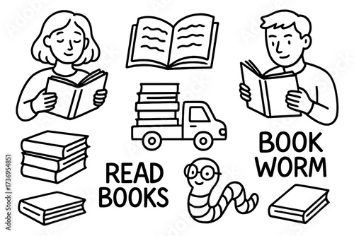 Hand-drawn doodle style books and readers set, male and female reading characters, stack of books on truck, cute bookworm with glasses, reading quotes vector collection