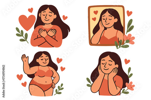 Set of self-love illustrations with confident female characters, hearts, flowers, body positivity, and romantic elements, hand-drawn flat vector collection celebrating beauty and self-acceptance