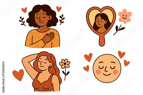 Set of self-love stickers with female characters and romantic elements, hand-drawn flat vector collection on yellow background, beauty, self-care, and confidence theme