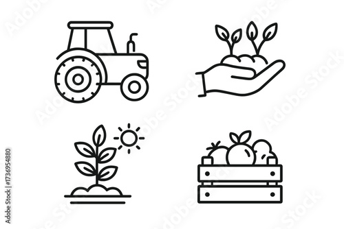 Agriculture and farming line icon set. Vector icons of tractor, planting, plant growth, and harvest crate. For organic food, cultivation, and fresh produce concepts. Editable stroke.