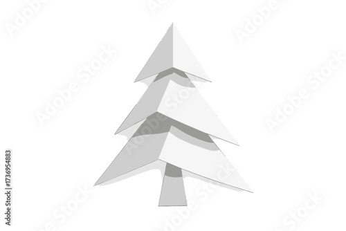 Simple white paper Christmas tree vector with layered stripe design, volumetric paper cut fir tree illustration with shadow, original minimalist holiday greeting card art