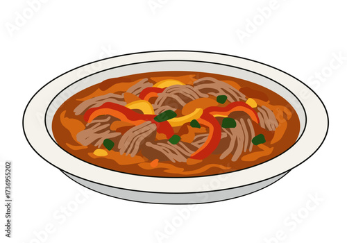 Bowl of hearty beef stew with peppers and herbs, perfect for websites, blogs, and social media posts about comfort food.