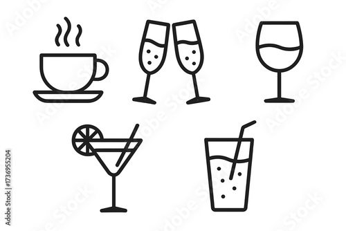 Drink and beverage line icon set with coffee, champagne, wine, cocktail, and soft drink. Minimalist outline pictogram collection for bar or restaurant menu. Editable stroke.