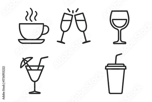 Drink and beverage outline icon set. Coffee, champagne, wine, cocktail, soft drink vector symbols. Linear pictogram collection for menu, bar, cafe and restaurant design.