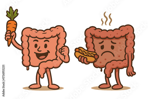 Strong healthy happy intestine character holding carrot versus unhealthy sad gut holding hotdog, digestive tract illustration, healthy nutrition concept, gut health vector, retro style cartoon