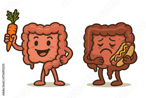 Strong healthy happy intestine holding carrot versus unhealthy sad gut with hotdog, digestive health concept, nutrition illustration, healthy and junk food contrast, retro style vector
