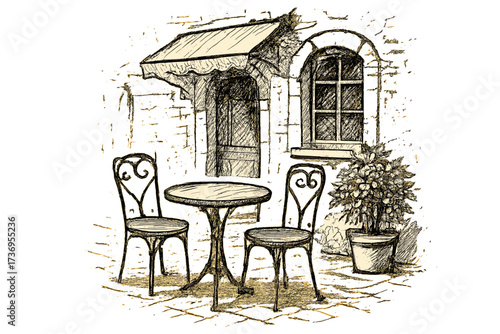 Vintage street café in old town, hand-drawn sketch of outdoor table, two wrought iron chairs, potted plant, rustic architecture, menu design, cozy restaurant terrace illustration