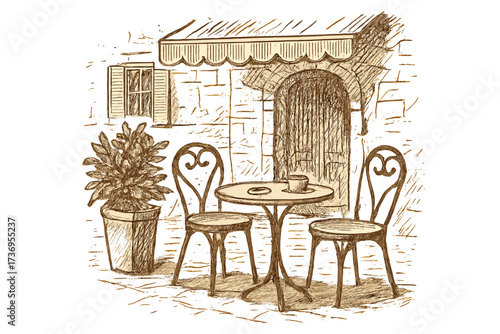 Vintage street cafe in old town sketch, hand drawn outdoor terrace with table, two wrought iron chairs, potted plant, rustic stone wall, cozy restaurant facade, exterior architecture illustration