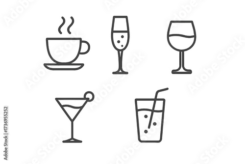 Drink and beverage line icon set. Coffee, wine, champagne, cocktail, and soft drink symbols. Minimalist vector outline pictograms for bar, cafe menu, or party graphics.
