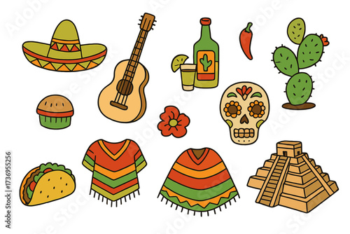 Vibrant Mexican summer stickers set with sombrero, guitar, cactus, chili pepper, taco, poncho, Day of the Dead skull, pyramid and tequila, doodle style, colorful Mexico culture vector illustration