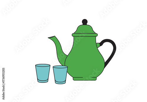 Green teapot and light blue glasses perfect for tea party invitations, kitchen blogs, or restaurant menus featuring unique tableware.