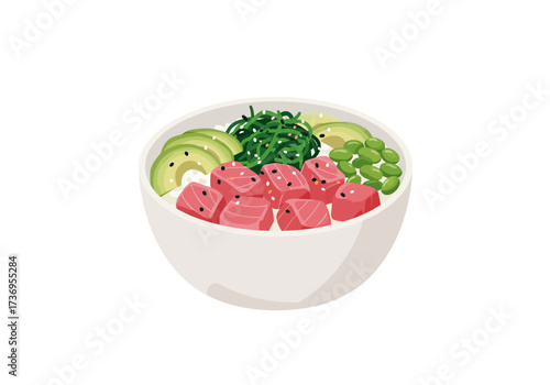 White bowl displaying tuna avocado edamame seaweed  vibrant and nutritious meal. Suitable for food blogs, menus, and healthy lifestyle content.