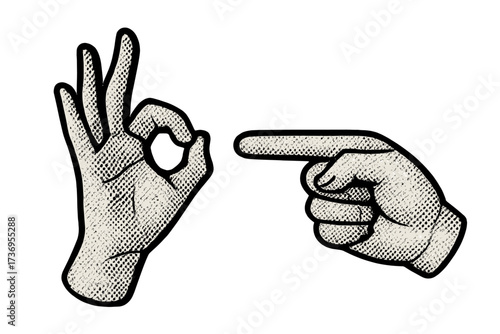 Two halftone vintage hands illustration with gesture symbols, retro style vector cartoon showing OK sign and pointing finger, classic dotted texture for decorative banners and posters