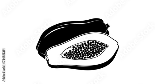 Elegant black and white depiction of sliced papaya with seeds minimalism