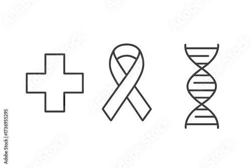 Medical and science icon set with thin line vector symbols. Health care cross, awareness ribbon for cancer support, and DNA helix for genetics and research concepts. Minimalist.